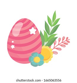 happy easter striped pink egg flowers foliage decoration vector illustration