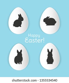 Happy Easter! Stylish modern decorative paper eggs with black bunny silhouettes on blue background. - Vector