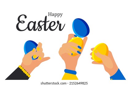 Happy Easter. Stylish trendy horizontal poster with painted yellow and blue eggs in a female hand on a white background in a modern flat design. Vector.