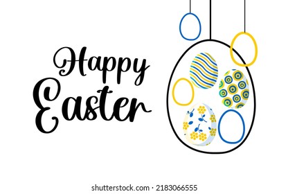 Happy Easter. Stylish trendy horizontal postcard with cute colored eggs in blue and yellow in a modern design. Vector.