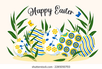 Happy Easter. Stylish trendy postcard with cute colored eggs in blue and yellow colors in a modern design with willow branches and flying butterflies. Vector.