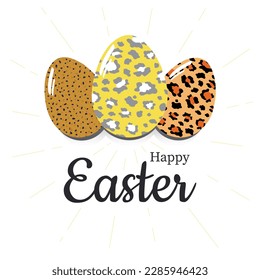 Happy Easter. Stylish trendy postcard with cute painted eggs in a predatory leopard design on a white background. Vector.