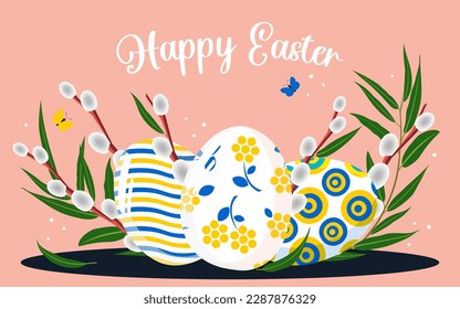 Happy Easter. Stylish trendy postcard with cute painted eggs in blue and yellow colors in a modern design with willow branches and flying butterflies on a pink banner. Vector.