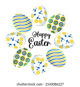 Feliz Pascua. Postal cuadrada de moda y elegante con huevos de colores bonitos, azul y amarillo, dispuestos en círculo en un diseño moderno. Vista desde arriba. Vector.
