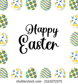 Happy Easter. Stylish trendy square postcard with cute painted eggs in blue and yellow colors in a modern design on a white background. Vector.