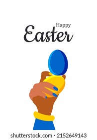 Happy Easter. Stylish trendy vertical poster with painted yellow and blue eggs in a female hand in a modern design. White background. Vector.