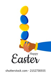 Frohe Ostern! Stilvolles, vertikales Poster mit gelben und blauen Eiern in weiblicher Hand in modernem Design. Weißer Hintergrund. Vektorgrafik.