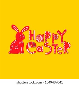 Happy Easter stylized ornate lettering, typography. Scandinavian style rabbit, hare. Spring holiday banner, poster design. Easter wishes greeting card with cute bunny flat vector illustration