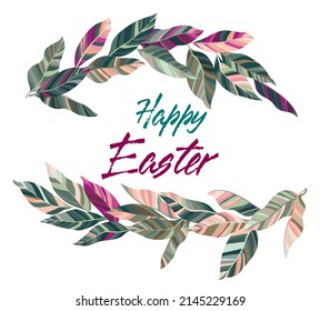 Happy Easter. Stylized tree branches with green leaves summer vector illustration. Abstract botany tree branch foliage greenery stylized leaves with vivid texture. Eucalyptus organic design for Easter