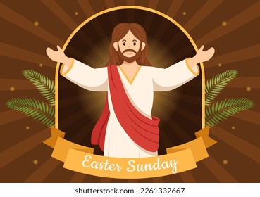 Happy Easter Sunday Day Illustration with Jesus, He is Risen and Celebration of Resurrection for Web Banner or Landing Page in Hand Drawn Templates