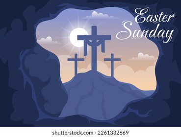 Frohe Ostersonntagsillustration mit Jesus, er ist Risen und Feier der Auferstehung für Web-Banner oder Landing Page in handgezeichneten Vorlagen