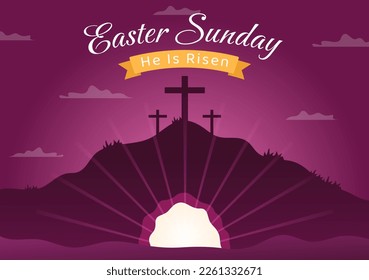 Happy Easter Sunday Day Illustration with Jesus, He is Risen and Celebration of Resurrection for Web Banner or Landing Page in Hand Drawn Templates