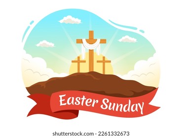 Happy Easter Sunday Day Illustration with Jesus, He is Risen and Celebration of Resurrection for Web Banner or Landing Page in Hand Drawn Templates