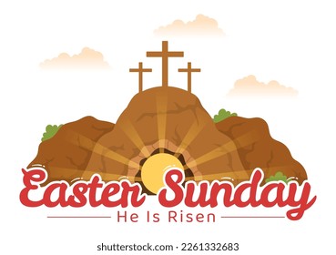 Happy Easter Sunday Day Illustration with Jesus, He is Risen and Celebration of Resurrection for Web Banner or Landing Page in Hand Drawn Templates