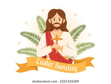 Happy Easter Sunday Day Illustration with Jesus, He is Risen and Celebration of Resurrection for Web Banner or Landing Page in Hand Drawn Templates