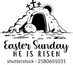 Happy Easter Sunday he is risen christian tomb grave vector on a white background