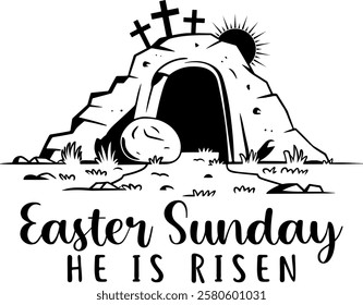 Happy Easter Sunday he is risen christian tomb grave vector on a white background