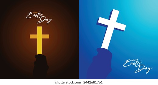 Happy Easter. Easter Sunday. Human hands holding a cross holy and praying for blessings from God, Amour Worship God concept. Christiaan concept. A symbol of pleading and faith. Text-free space. Vector