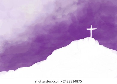 Happy Easter Sunday illustration of the cross on the mount resurrecting and celebrating the resurrection. purple watercolor background.