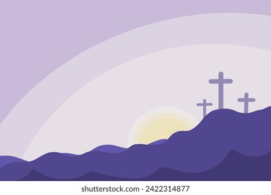 Happy Easter Sunday illustration of the cross on the mount resurrecting and celebrating the resurrection. purple watercolor background.