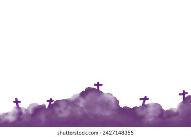 Happy Easter Sunday illustration of the cross on the mount resurrecting and celebrating the resurrection. purple watercolor background.