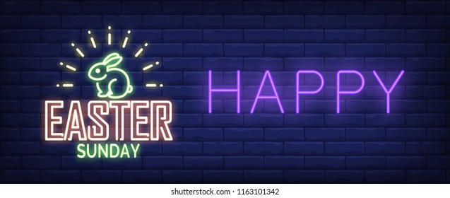 Happy Easter Sunday neon sign. Shining Easter bunny on brick wall background. Vector illustration in neon style for festive banners and posters