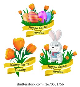 Happy Easter Sunday set with golden ribbon, cute bunny, decorative eggs and tulip flowers isolated on white background. Vector illustration in 3d style to creating your greeting card or banner design