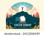 Happy Easter Sunday Vector Illustration of Jesus, He is Risen and Celebration of Resurrection with Cave and the Cross in Flat Cartoon Background