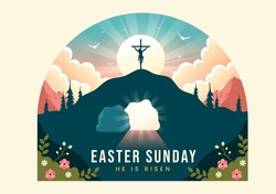 Happy Easter Sunday Vector Illustration Of Jesus, He Is Risen And Celebration Of Resurrection With Cave And The Cross In Flat Cartoon Background