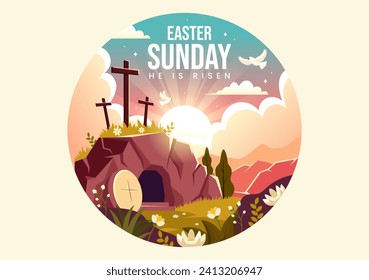 Happy Easter Sunday Vector Illustration of Jesus, He is Risen and Celebration of Resurrection with Cave and the Cross in Flat Cartoon Background