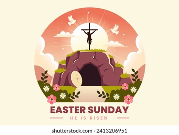 Happy Easter Sunday Vector Illustration of Jesus, He is Risen and Celebration of Resurrection with Cave and the Cross in Flat Cartoon Background