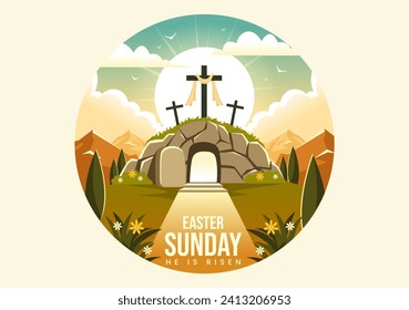 Happy Easter Sunday Vector Illustration of Jesus, He is Risen and Celebration of Resurrection with Cave and the Cross in Flat Cartoon Background