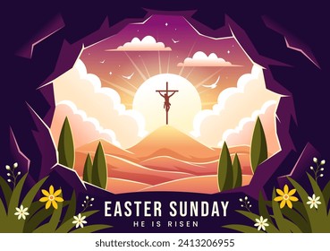 Happy Easter Sunday Vector Illustration of Jesus, He is Risen and Celebration of Resurrection with Cave and the Cross in Flat Cartoon Background