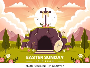 Fröhliche Ostersonntagsvektorgrafik von Jesus, er ist Risen und Feier der Auferstehung mit Höhle und das Kreuz in flachem Cartoon-Hintergrund