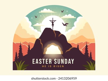 Happy Easter Sunday Vector Illustration of Jesus, He is Risen and Celebration of Resurrection with Cave and the Cross in Flat Cartoon Background