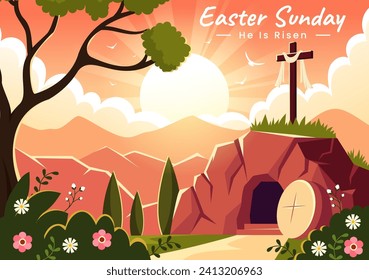 Happy Easter Sunday Vector Illustration of Jesus, He is Risen and Celebration of Resurrection with Cave and the Cross in Flat Cartoon Background