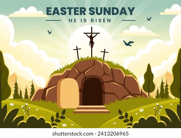 Happy Easter Sunday Vector Illustration of Jesus, He is Risen and Celebration of Resurrection with Cave and the Cross in Flat Cartoon Background