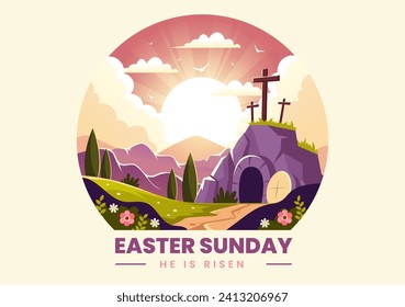 Happy Easter Sunday Vector Illustration of Jesus, He is Risen and Celebration of Resurrection with Cave and the Cross in Flat Cartoon Background