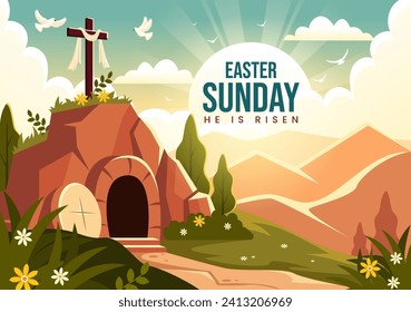 Happy Easter Sunday Vector Illustration of Jesus, He is Risen and Celebration of Resurrection with Cave and the Cross in Flat Cartoon Background