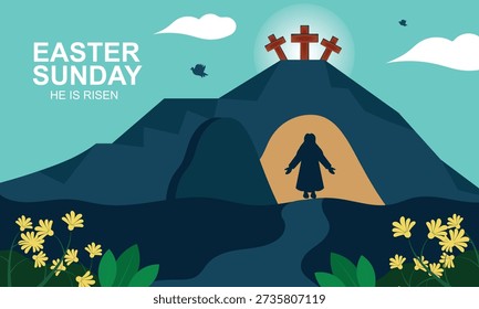 Happy Easter Sunday Vector Illustration of Jesus, He is Risen and Celebration of Resurrection with Cave and the Cross
