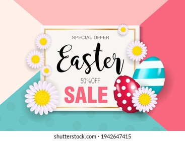 Happy Easter super oferta, descuentos, promoción con huevos de colores realistas. Ilustración del vector