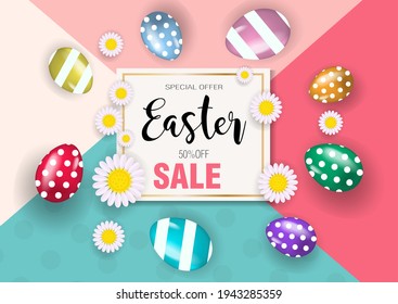 Happy Easter super offer, discounts, promotion with realistic colored eggs. Vector illustration