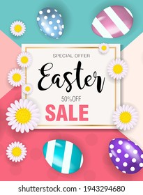 Happy Easter super offer, discounts, promotion with realistic colored eggs. Vector illustration