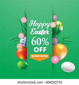 Happy Easter super sale banner, background, template with beautiful colorful spring flowers and eggs. Vector illustration.