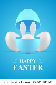 Happy Easter surprise 3d greeting card bunny hiding in open painted egg half design template realistic vector illustration. Rabbit bauble long ears in eggshell traditional festive holiday celebration