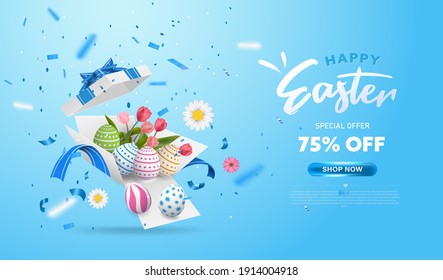 Happy Easter with surprise white gift box with colorful eggs, tulip flowers and blue ribbon. Open gift box isolated. Party, Shopping poster. Easter Sunday design banner