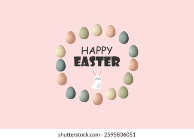Happy Easter Surrounded by Colorful Eggs and a Cute Bunny in the Center