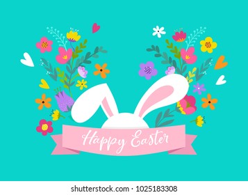 Happy Easter, sweet bunny with flowers design. Easter sale, promotional banner and greeting card holiday concept