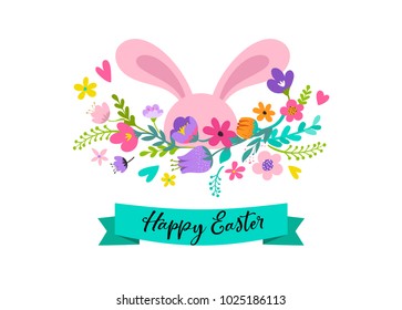 Happy Easter, sweet bunny with flowers design. Easter sale, promotional banner and greeting card holiday concept