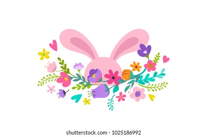 Happy Pasen, lief konijntje met bloemen ontwerp. Pasen verkoop, promotionele banner en wenskaart vakantie concept